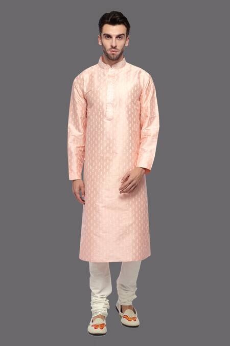 A!A By Abrar Ali_Peach Kota Doria, Cotton Embroidery Printed Kurta And Churidar Set_Online_at_Aza_Fashions