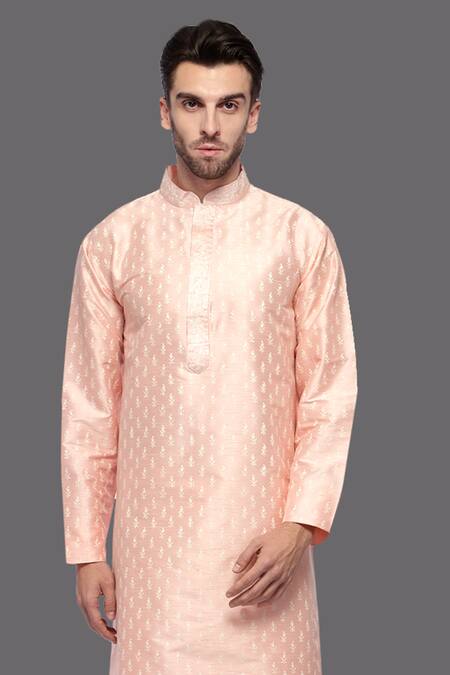 Buy_A!A By Abrar Ali_Peach Kota Doria, Cotton Embroidery Printed Kurta And Churidar Set_Online_at_Aza_Fashions