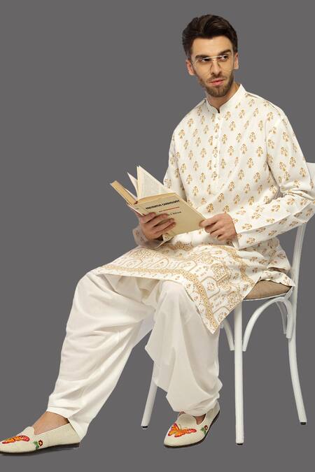 A!A By Abrar Ali_Ivory Handloom Cotton Embroidery Floral Print Straight Kurta And Salwar Set_Online_at_Aza_Fashions