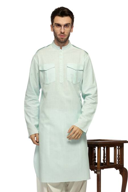 Buy_A!A By Abrar Ali_Blue Handloom Cotton Plain Kurta And Salwar Set_Online_at_Aza_Fashions