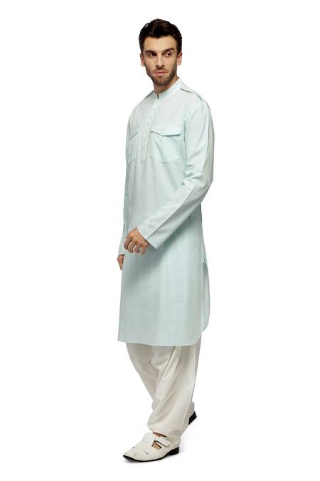 Shop_A!A By Abrar Ali_Blue Handloom Cotton Plain Kurta And Salwar Set_Online_at_Aza_Fashions