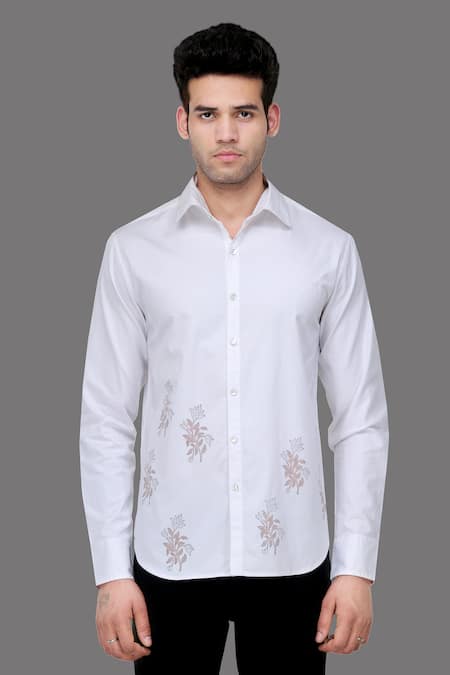 A!A By Abrar Ali White Fine Cotton Printed Floral Contrast Shirt