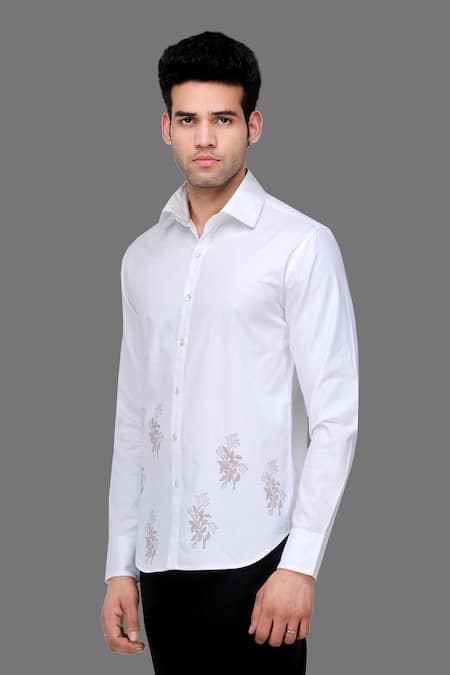 A!A By Abrar Ali_White Fine Cotton Printed Floral Contrast Shirt_Online_at_Aza_Fashions
