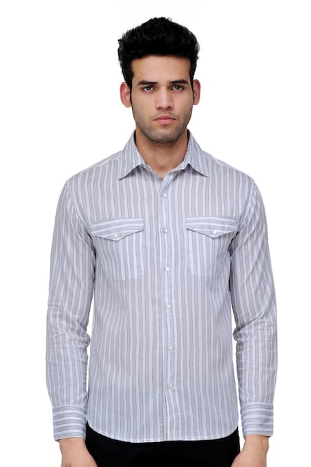 A!A By Abrar Ali Grey Cotton Silk Printed Stripe Button Down Shirt Online at Aza Fashions A!A By Abrar Ali_Grey Cotton Silk Printed Stripe Button Down Shirt_Online_at_Aza_Fashions