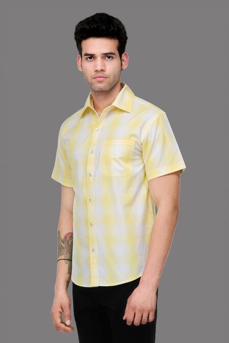 A!A By Abrar Ali_Yellow Fine Polin Printed Button Down Shirt_Online_at_Aza_Fashions