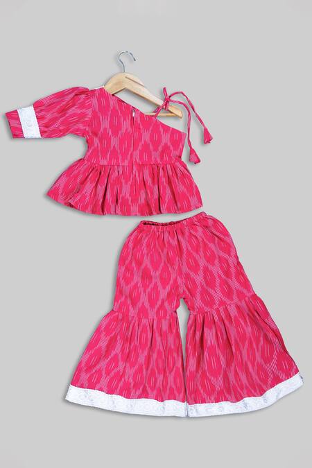 Shop Champscloset Pink Cotton Embroidery Lace Ikat Kurta With Sharara at Aza Fashions Shop_Champscloset_Pink Cotton Embroidery Lace Ikat Kurta With Sharara_at_Aza_Fashions