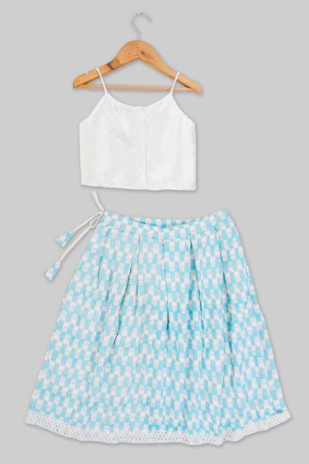 Shop Champscloset Blue Cotton Embroidery Thread Round Neck Top With Lehenga at Aza Fashions Shop_Champscloset_Blue Cotton Embroidery Thread Round Neck Top With Lehenga_at_Aza_Fashions