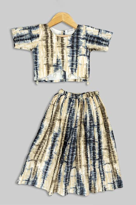 Champscloset Beige Cotton Shells Shibori Print Top With Skirt Set 