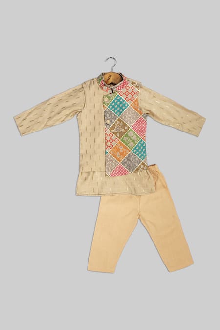 Champscloset Beige Cotton Patchwork Bundi With Kurta Set 