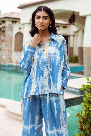 Buy_ASRUMO_White Cotton Collared Tie Dye Shirt And Pant Set_Online_at_Aza_Fashions