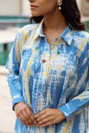 Shop_ASRUMO_White Cotton Collared Tie Dye Shirt And Pant Set_Online_at_Aza_Fashions