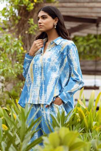 ASRUMO_White Cotton Collared Tie Dye Shirt And Pant Set_at_Aza_Fashions