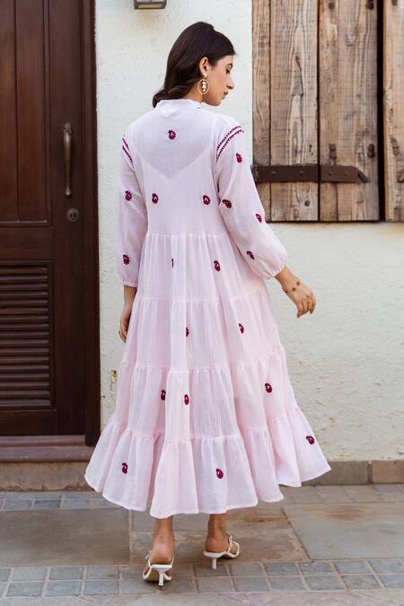 Shop ASRUMO Pink Dress Cotton Gauze Embroidered Paisley Dress Mandarin Collar Tiered at Aza Fashions Shop_ASRUMO_Pink Dress Cotton Gauze Embroidered Paisley Dress Mandarin Collar Tiered _at_Aza_Fashions