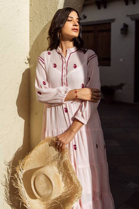 ASRUMO Pink Dress Cotton Gauze Embroidered Paisley Dress Mandarin Collar Tiered Online at Aza Fashions ASRUMO_Pink Dress Cotton Gauze Embroidered Paisley Dress Mandarin Collar Tiered _Online_at_Aza_Fashions