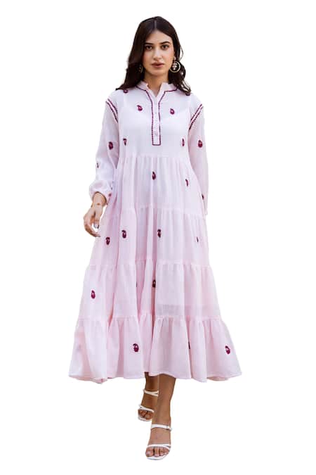 Buy ASRUMO Pink Dress Cotton Gauze Embroidered Paisley Dress Mandarin Collar Tiered Online at Aza Fashions Buy_ASRUMO_Pink Dress Cotton Gauze Embroidered Paisley Dress Mandarin Collar Tiered _Online_at_Aza_Fashions