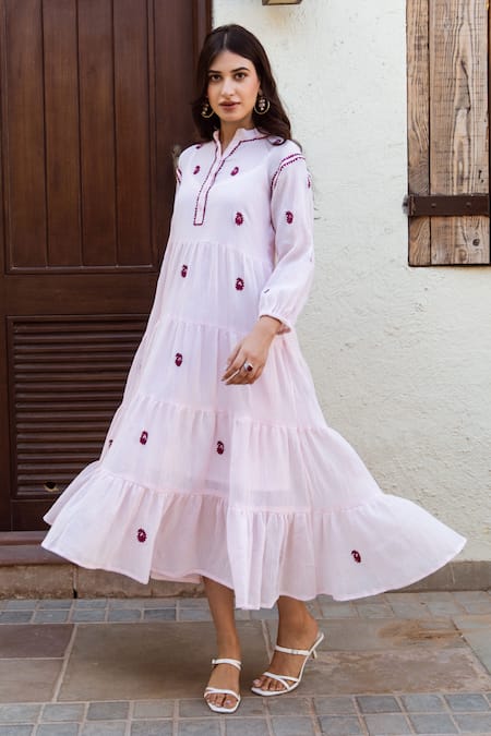 Shop ASRUMO Pink Dress Cotton Gauze Embroidered Paisley Dress Mandarin Collar Tiered Online at Aza Fashions Shop_ASRUMO_Pink Dress Cotton Gauze Embroidered Paisley Dress Mandarin Collar Tiered _Online_at_Aza_Fashions
