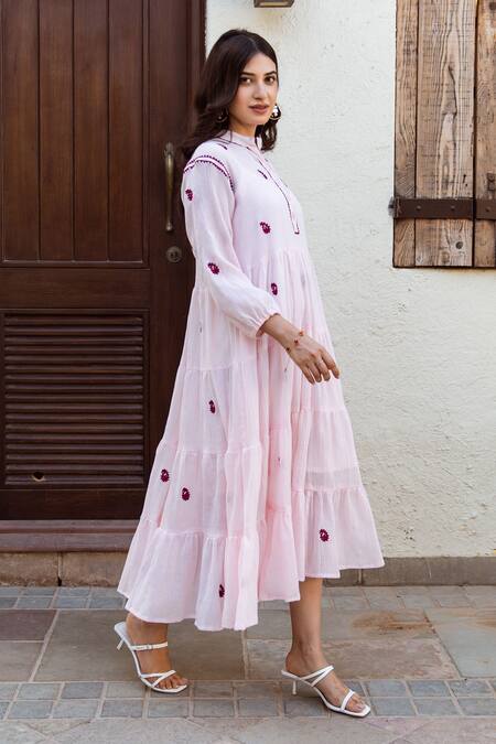ASRUMO Pink Dress Cotton Gauze Embroidered Paisley Dress Mandarin Collar Tiered at Aza Fashions ASRUMO_Pink Dress Cotton Gauze Embroidered Paisley Dress Mandarin Collar Tiered _at_Aza_Fashions