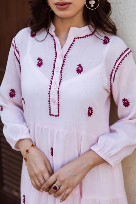 Buy ASRUMO Pink Dress Cotton Gauze Embroidered Paisley Dress Mandarin Collar Tiered Buy_ASRUMO_Pink Dress Cotton Gauze Embroidered Paisley Dress Mandarin Collar Tiered