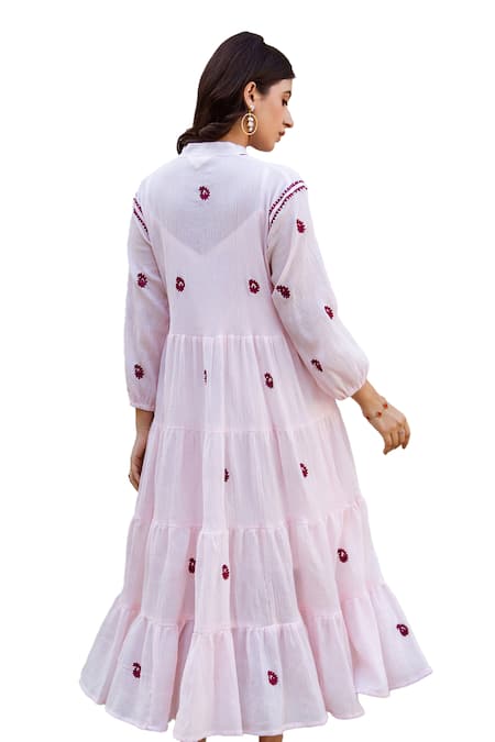 Shop ASRUMO Pink Dress Cotton Gauze Embroidered Paisley Dress Mandarin Collar Tiered Shop_ASRUMO_Pink Dress Cotton Gauze Embroidered Paisley Dress Mandarin Collar Tiered