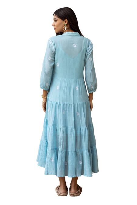 Buy_ASRUMO_Blue Dress Cotton Gauze Embroidered Paisley Dress Mandarin Collar_Online_at_Aza_Fashions