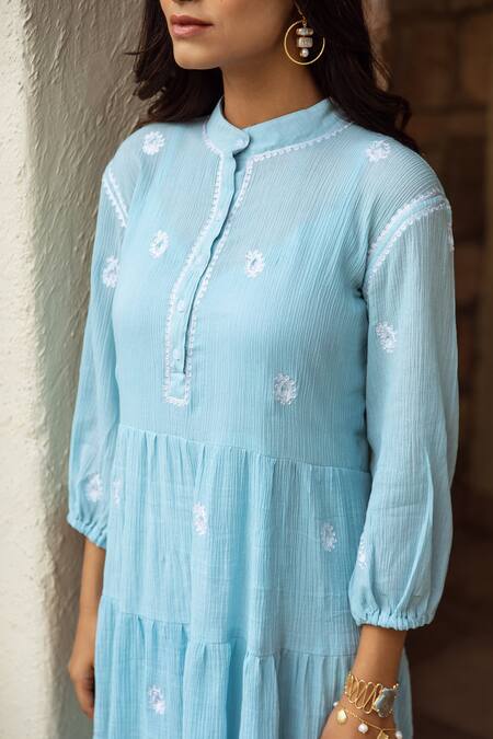ASRUMO_Blue Dress Cotton Gauze Embroidered Paisley Dress Mandarin Collar_at_Aza_Fashions