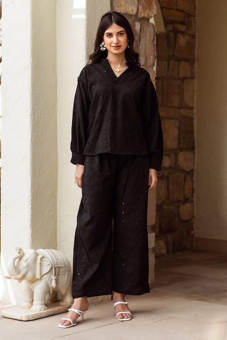 ASRUMO Black Top And Pant Cotton Schiffli Lace V Neck Detailed With