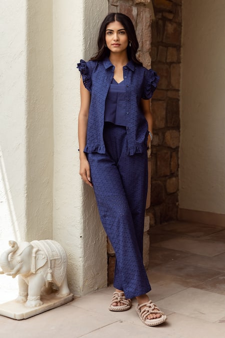 ASRUMO Blue Shirt And Pant Cotton Schiffli Shirt Collared Frill Sleeve & Co-ord Set
