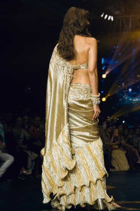 Shop_Etasha By Asha Jain_Gold Tissue, Crepe, Chiffon, Silk Embroidery, Zari High Embellished Saree Set _at_Aza_Fashions