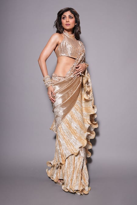 Etasha By Asha Jain_Gold Tissue, Crepe, Chiffon, Silk Embroidery, Zari High Embellished Saree Set _Online_at_Aza_Fashions