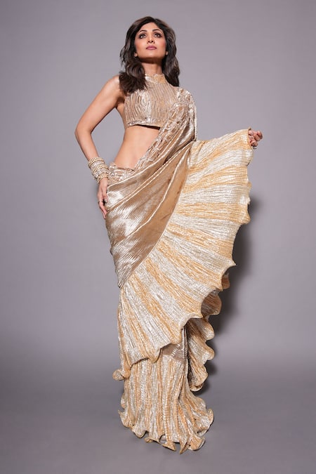 Buy_Etasha By Asha Jain_Gold Tissue, Crepe, Chiffon, Silk Embroidery, Zari High Embellished Saree Set _Online_at_Aza_Fashions