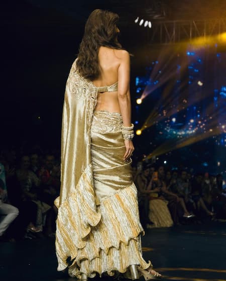 Shop_Etasha By Asha Jain_Gold Tissue, Crepe, Chiffon, Silk Embroidery, Zari High Embellished Saree Set _Online_at_Aza_Fashions