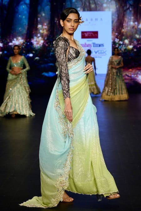 Buy_Etasha By Asha Jain_Green Georgette, Silk, Tissue, Cotton Embroidery, Embellished Border Saree Set _Online_at_Aza_Fashions