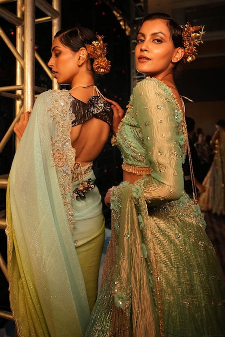 Shop_Etasha By Asha Jain_Green Georgette, Silk, Tissue, Cotton Embroidery, Embellished Border Saree Set _Online_at_Aza_Fashions