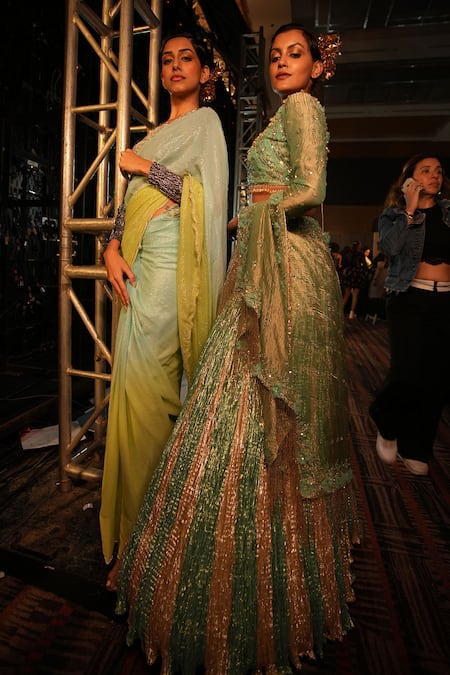 Etasha By Asha Jain_Green Georgette, Silk, Tissue, Cotton Embroidery, Embellished Border Saree Set _at_Aza_Fashions