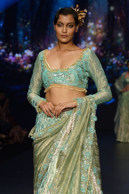 Etasha By Asha Jain_Green Satin, Organza, Tissue Sequins Embellished Pre-draped Lehenga Saree Set _Online_at_Aza_Fashions