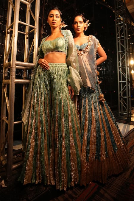 Shop_Etasha By Asha Jain_Green Tissue, Crepe Sequins Sweetheart Neck, Round Textured Metallic Palazzo Set _Online_at_Aza_Fashions