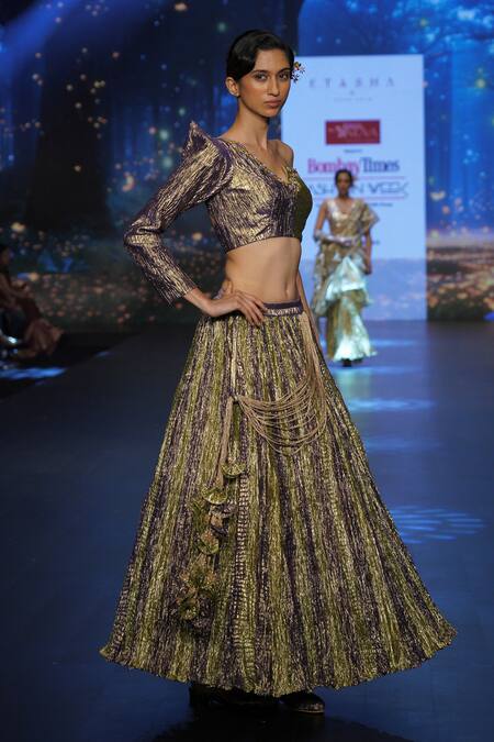 Etasha By Asha Jain_Green Silk, Polyester, Tissue Tassels, Mirrors Textured Metallic Lehenga Set _Online_at_Aza_Fashions