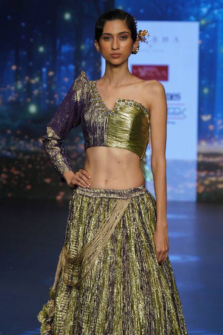 Buy Etasha By Asha Jain Green Silk, Polyester, Tissue Tassels, Mirrors Textured Metallic Lehenga Set Online at Aza Fashions Buy_Etasha By Asha Jain_Green Silk, Polyester, Tissue Tassels, Mirrors Textured Metallic Lehenga Set _Online_at_Aza_Fashions