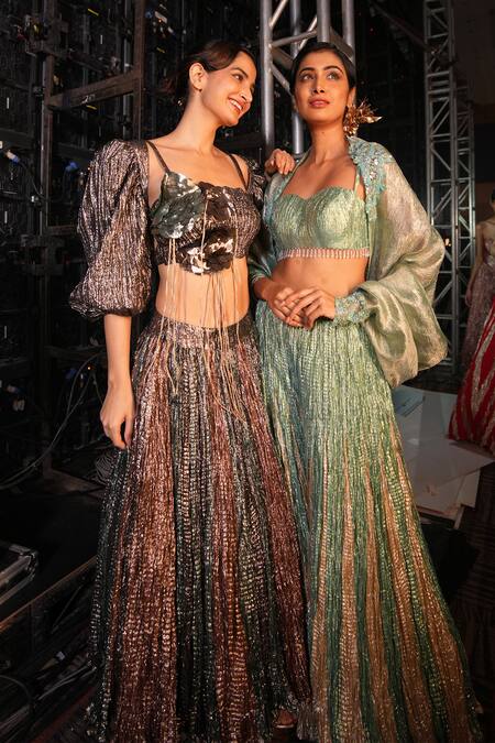 Etasha By Asha Jain_Black Tissue, Crepe Pearls V-neck Metallic Bustier Skirt Set _Online_at_Aza_Fashions