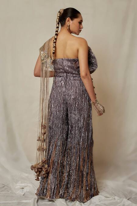 Etasha By Asha Jain Metallic Tissue Textured Jumpsuit With Jacket 