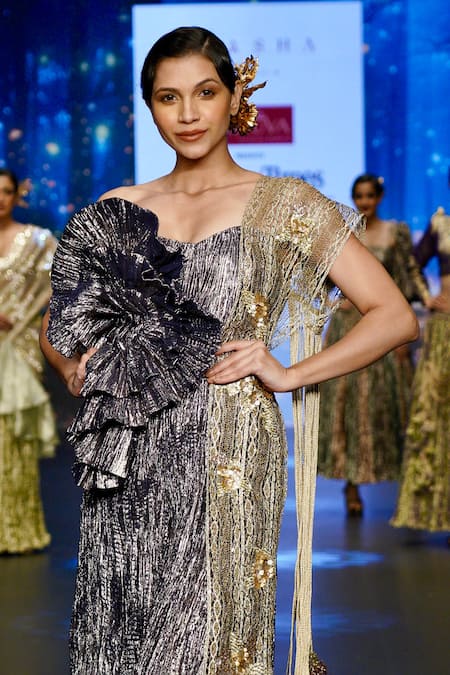 Etasha By Asha Jain_Blue Jumpsuit Metallic Tissue Asymmetric With Jacket _Online_at_Aza_Fashions