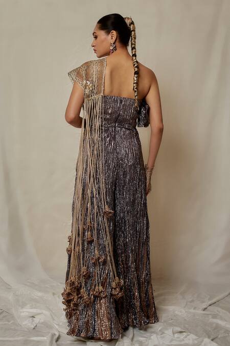 Buy_Etasha By Asha Jain_Blue Jumpsuit Metallic Tissue Asymmetric With Jacket _Online_at_Aza_Fashions