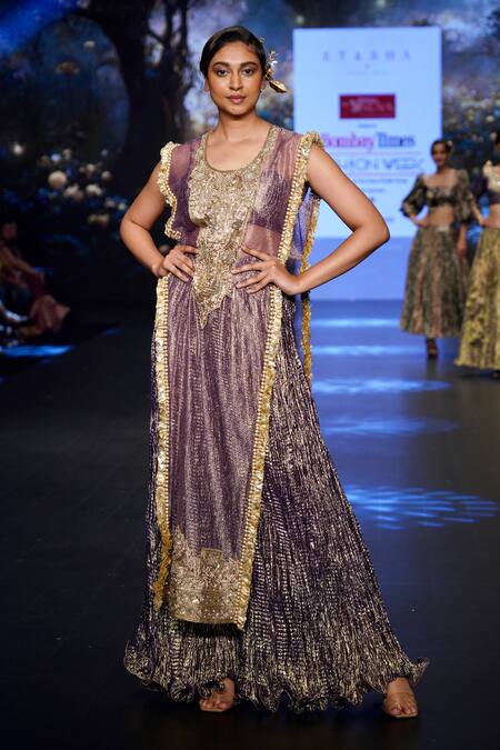 Etasha by Asha Jain Purple Kurta Metallic Mesh Embellished Sequin Round Palazzo Set