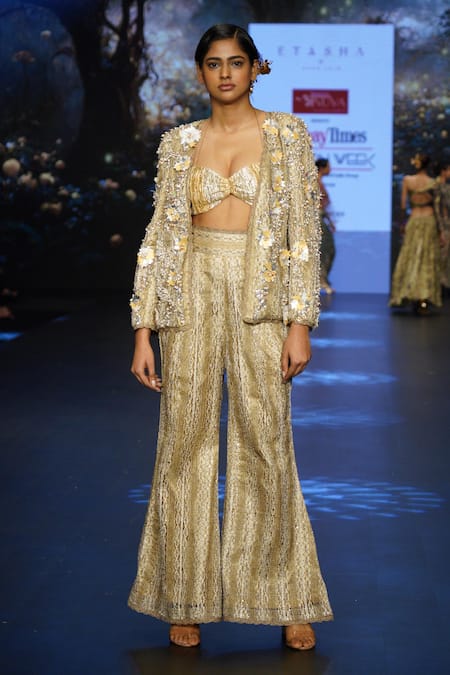 Etasha by Asha Jain Gold Blazer And Pant Crochet Embellished Sequin Sweetheart 3d Leather Set 