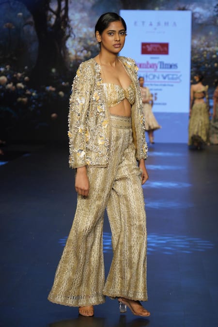 Etasha By Asha Jain 3D Leather Crochet Blazer Pant Set 