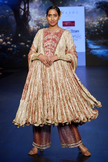 Etasha By Asha Jain_Maroon Tissue, Crepe Metallic Thread, Embroidery Round Neck Embellished Anarkali _Online_at_Aza_Fashions