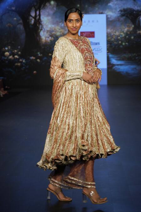 Buy_Etasha By Asha Jain_Maroon Tissue, Crepe Metallic Thread, Embroidery Round Neck Embellished Anarkali _Online_at_Aza_Fashions