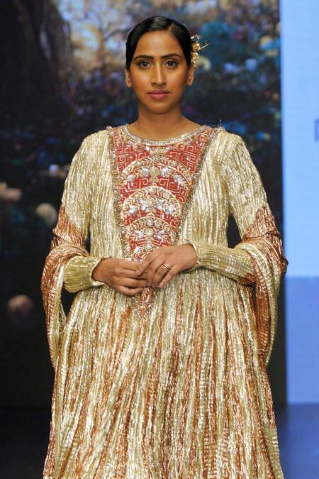 Shop_Etasha By Asha Jain_Maroon Tissue, Crepe Metallic Thread, Embroidery Round Neck Embellished Anarkali _Online_at_Aza_Fashions