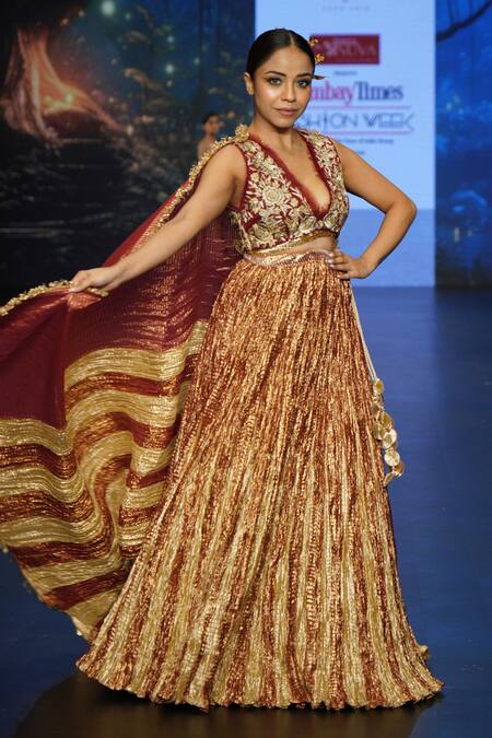 Etasha By Asha Jain Orange Organza, Tissue, Crepe Zari, Sequins Plunge Textured Metallic Lehenga Set Online at Aza Fashions Etasha By Asha Jain_Orange Organza, Tissue, Crepe Zari, Sequins Plunge Textured Metallic Lehenga Set _Online_at_Aza_Fashions