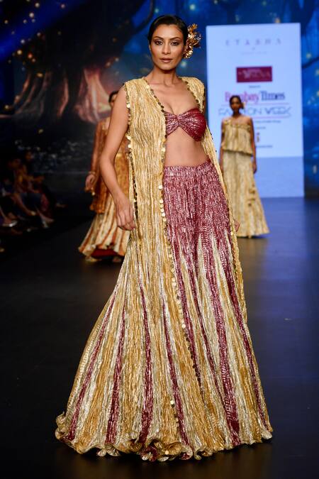 Etasha By Asha Jain_Gold Crepe, Tissue Embroidery, Zari Open Metallic Long Jacket Flared Palazzo Set _Online_at_Aza_Fashions